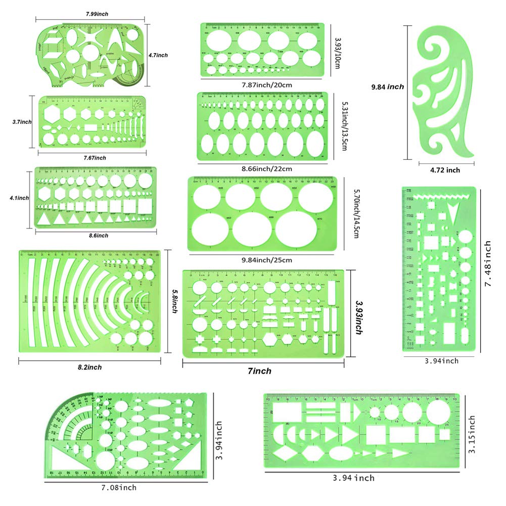11 Pieces Geometric Drawings Templates Stencils Plastic Measuring Template Rulers Clear Green Shape Template for Drawing Engineering Drafting Building School Office Supplies