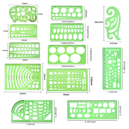 11 Pieces Geometric Drawings Templates Stencils Plastic Measuring Template Rulers Clear Green Shape Template for Drawing Engineering Drafting Building School Office Supplies