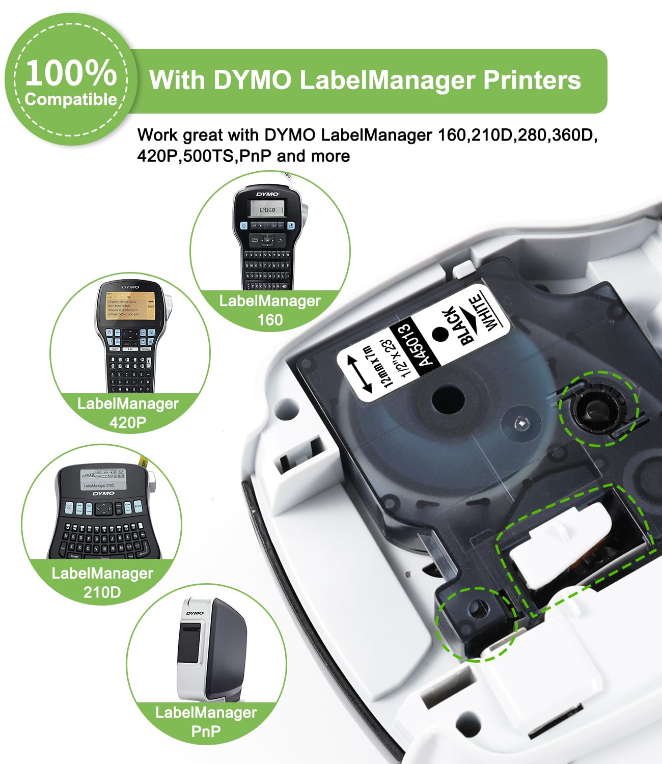 6-Pack Replace for Dymo Label Maker Refill D1 Label Tape 45013 White Plastic 1/2 Inch Compatible with Dymo D1 Label Tape 12mm a45013 S0720530 for LabelManager 160 210D 260P 280 360D 420P 500TS 640CB