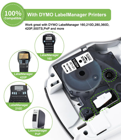 6-Pack Replace for Dymo Label Maker Refill D1 Label Tape 45013 White Plastic 1/2 Inch Compatible with Dymo D1 Label Tape 12mm a45013 S0720530 for LabelManager 160 210D 260P 280 360D 420P 500TS 640CB
