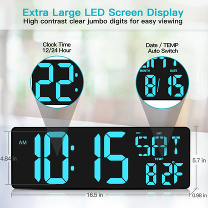 XREXS Large Digital Wall Clock with Remote Control, 16.5 Inch LED Large Display Count Up & Down Timer, Adjustable Brightness Alarm Clock with Day/Date/Temperature for Home, Gym, Office and Classroom