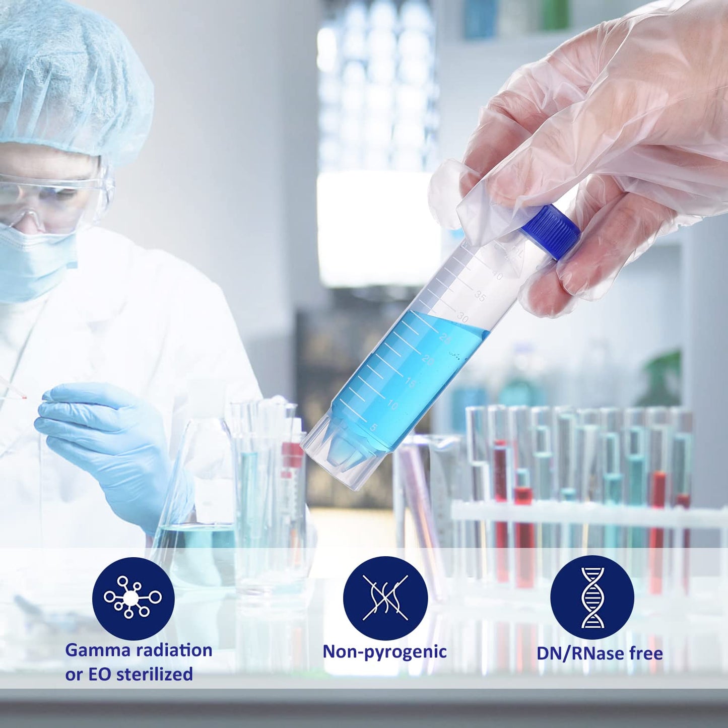 ESHATO 50 Pack Sterile Centrifuge Tubes, 50ML Polypropylene Self-Standing Test Tubes with Leak-Proof Screw Caps, Graduated and Write Marks, Conical Tubes, DNase/RNase Free, Human DNA-Free