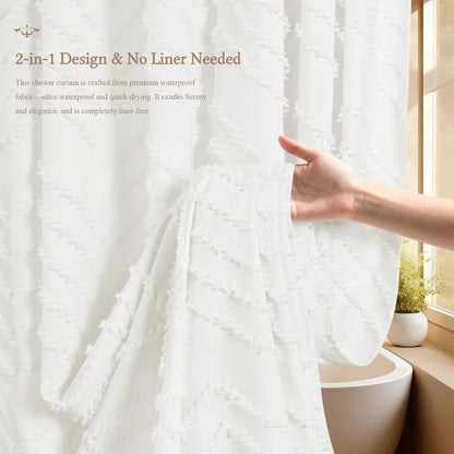 White Boho Farmhouse Shower Curtain Fabric for Bathroom-Hotel Spa Grade, Textured Polyester Waterproof Cloth Curtains-Includes 12 Double-Sided Hooks, 72x72 Inches