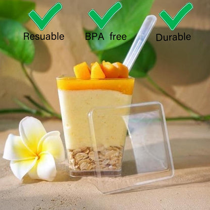 Toowood 50pcs Clear Dessert Cups with Lids and Spoons, 5.4oz Dessert Cups, Mini Cups Reusable Square Parfait Cup for Party Appertizer, Christmas