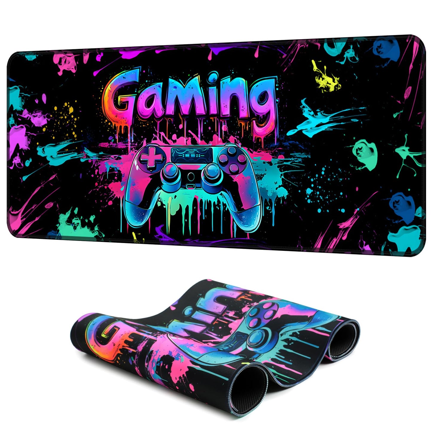 SparkLia Gaming Mouse Pad, UV Reactive X-Large Waterproof Blacklight Colorful Splatter Art Game Controller Non-Slip Rubber Base Mousemat, Glow in the Dark Desk Mat for Office Home - 31.5 x 11.8 inches