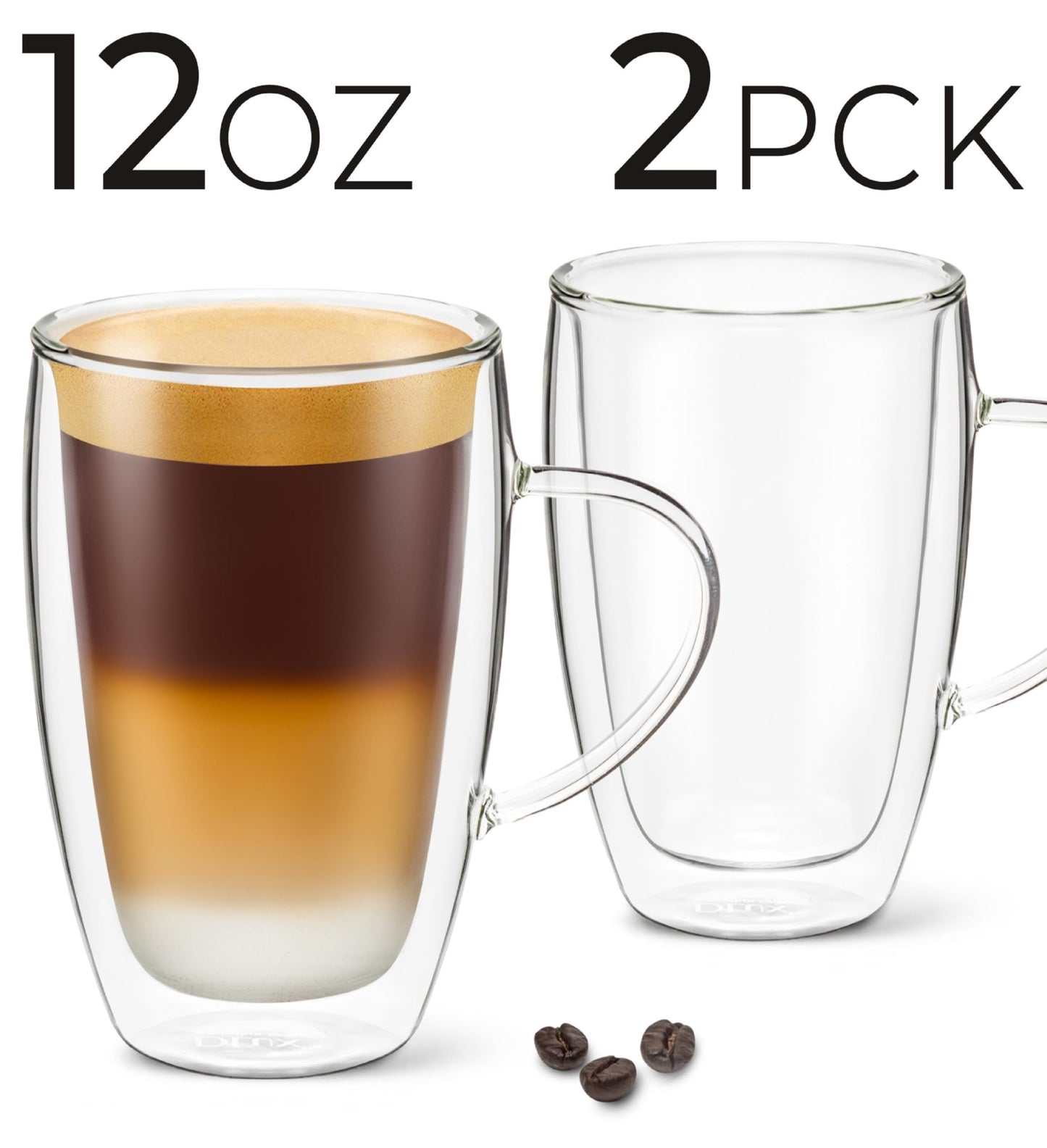 DLux Espresso Coffee Cups 350ml, 12oz Latte Clear Glass Set of 2 Cups with Handles, Double Wall Insulated Borosilicate Glassware Cup - Wine, Tea Glasses