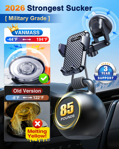 VANMASS [85+LBS Strongest Suction & Military-Grade] 2026 Ultimate Car Phone Holder [Patent & Safety Certs] Cell Mount Truck Stand Cradle for Dashboard Windshield Vent for iPhone 17 Pro Max 16 15 14