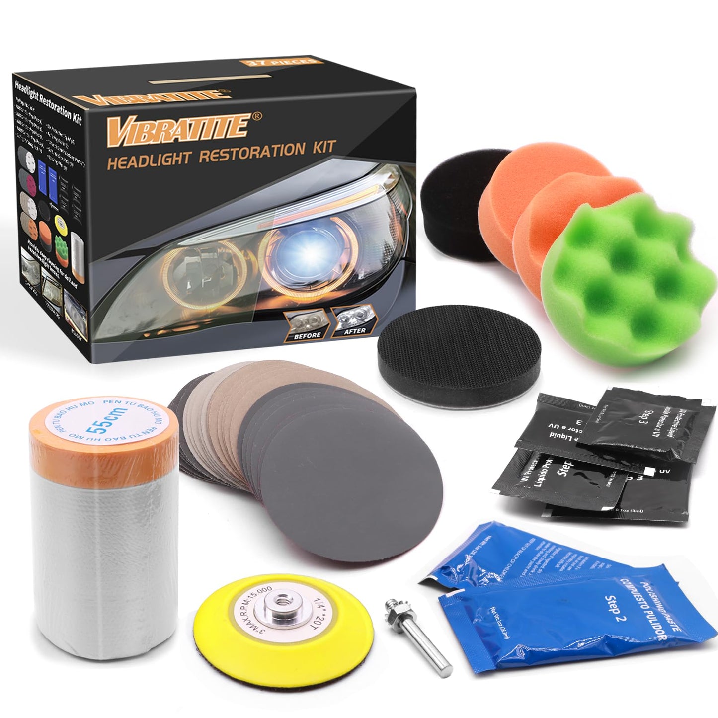 VIBRATITE Car Headlight Restoration Kit, Headlight Lens Cleaner and Restorer, 3 Inch Car Polishing Sanding Kit with 1/4 Inch Shank Backing Pad, Drill Buffing Sponge Pads, Soft Interface Pad, 37PCS