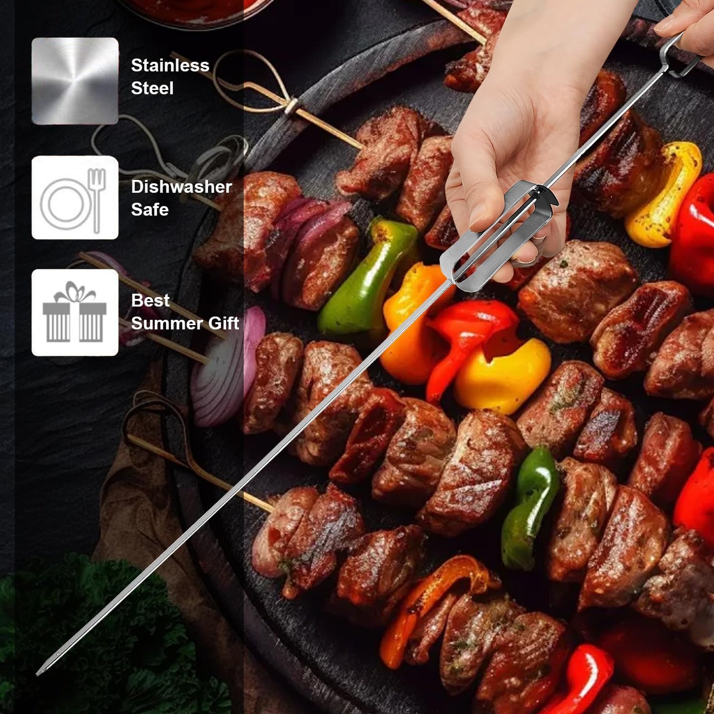BBQ Skewers, Premium 304 Stainless Steel BBQ Skewers,15 Inch Heavy Duty Metal Kabob Sticks for Grilling, Reusable & Dishwasher Safe (12)