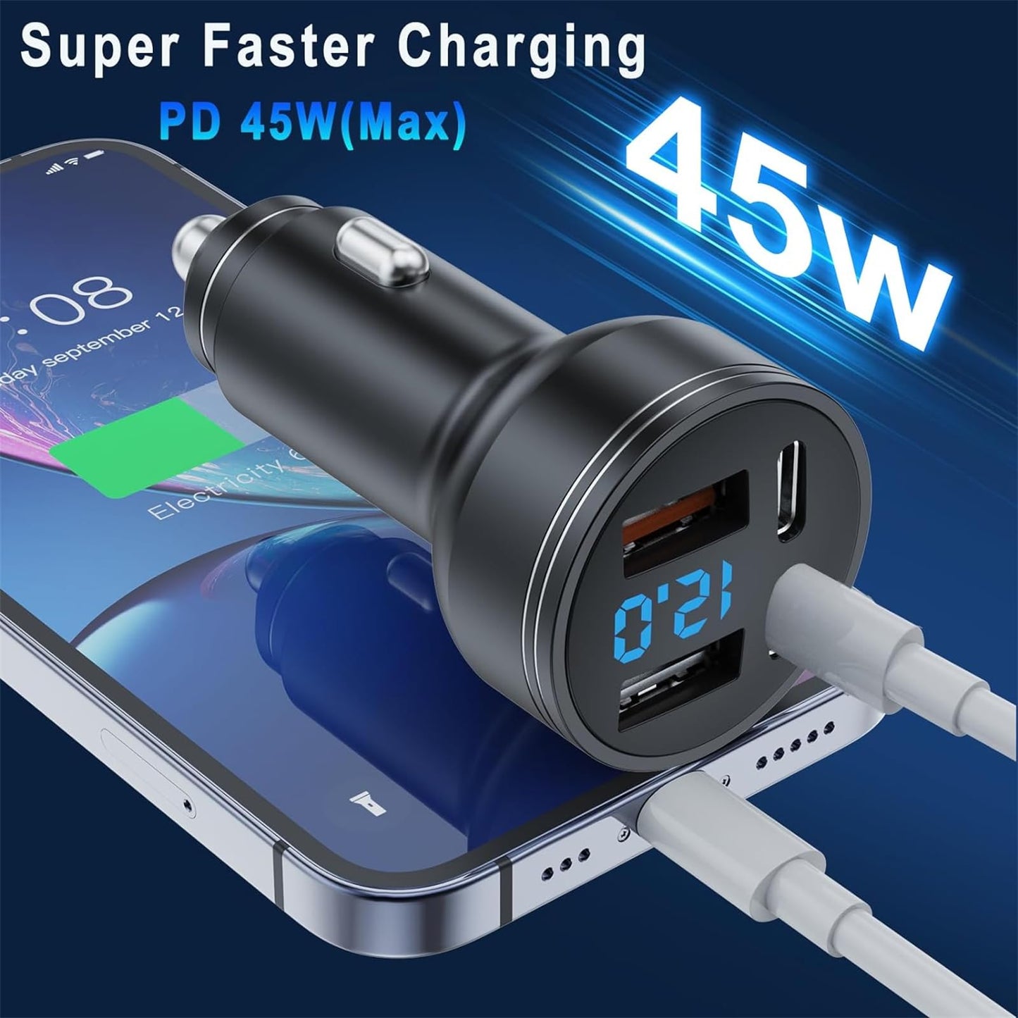 126W USB C Car Charger, 4-Port 2 USB PD 3.0 + 2 USB QC 3.0 Car Charger, Metal USB Cigarette Lighter USB C Adapter with LED Voltmeter DC12-24V for Android, Tablet and All Smartphones(Black)