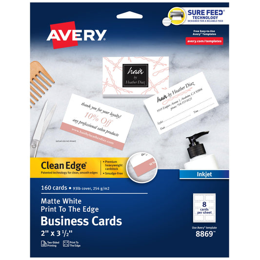 Avery Clean Edge Business Cards for Inkjet Printers, Matte, White, Pack of 160 (08869)
