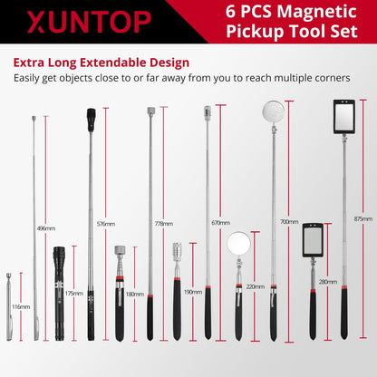 XUNTOP 6 PCS Magnetic Telescoping Pickup Grabber Tool Set Including 15 lb/1 lb/8 lb with LED Light/Round/Square Inspection Mirror/Telescoping Handle 360° Swivel for Extra Viewing Pickup Dead Angle