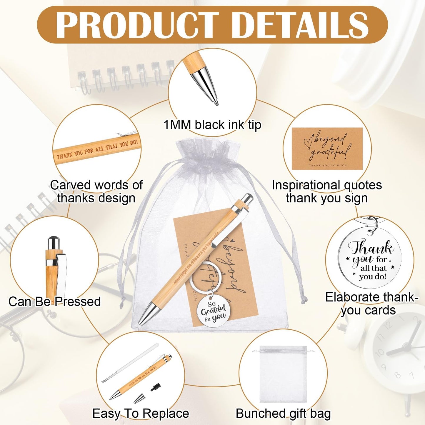 64 Pcs Thank You Inspirational Pens Gift Motivational Quote Pen with Thank You Cards Staff Appreciation Gifts Appreciation Keychain Organza Bags Employee Leaving Gifts for Teacher Colleagues Office