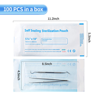 Annhua 5.3 x 11" Self-Sterilization Pouches 100 PCS Self Seal Sterilizer Bags, Used for Dentist Tools, Beauty Toolkits and Nail Tools