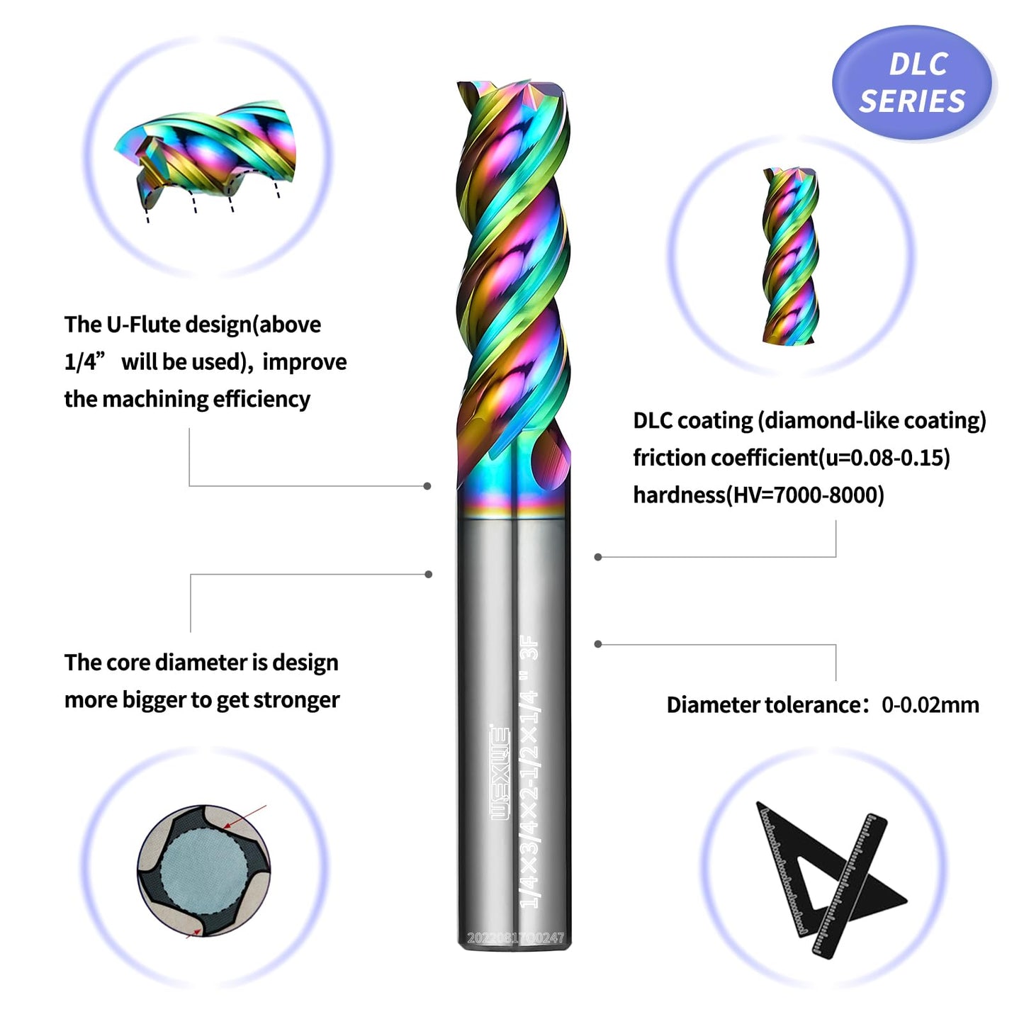 WEXWE Tools DLC Series Carbide Square End Mill, Diamond-Like Coating, End Mill for Aluminum, Copper, Magnesium Alloys, High Silicon Aluminum, Composite Materials,3 Flute,1/8 Shank(.125(1/8)", 5pcs)