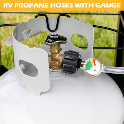 15 in RV Propane Hoses with Gauge, Stainless Steel Braided Camper Tank Hose,Propane Pigtail Hose Line for Camper Standard Dual Stage Regulator,1/4-Inch Male,40Lb 250PSI,NPT x QCC1 Fittings. (2 Pack)