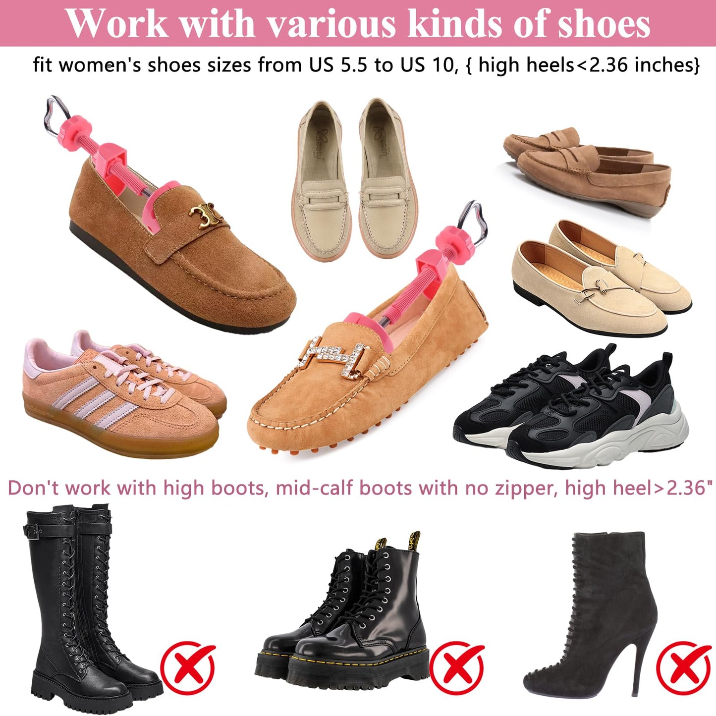 Shoe Stretcher Women, Pair of 4-way Adjustable Shoe Widener Expander to Stretch Length Width Height for Wide Feet, Tough Plastic Shoe Tree Shaper with Bonus 12 Bunion Plugs, Medium