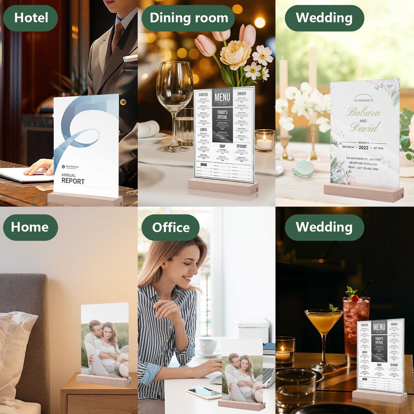 6 Pack 5 x 7 Acrylic Sign Holder with Wood Base, L/T Shape Clear Display Stand Menu Flyer Holder for Office, Wedding, Restaurants, Hotels