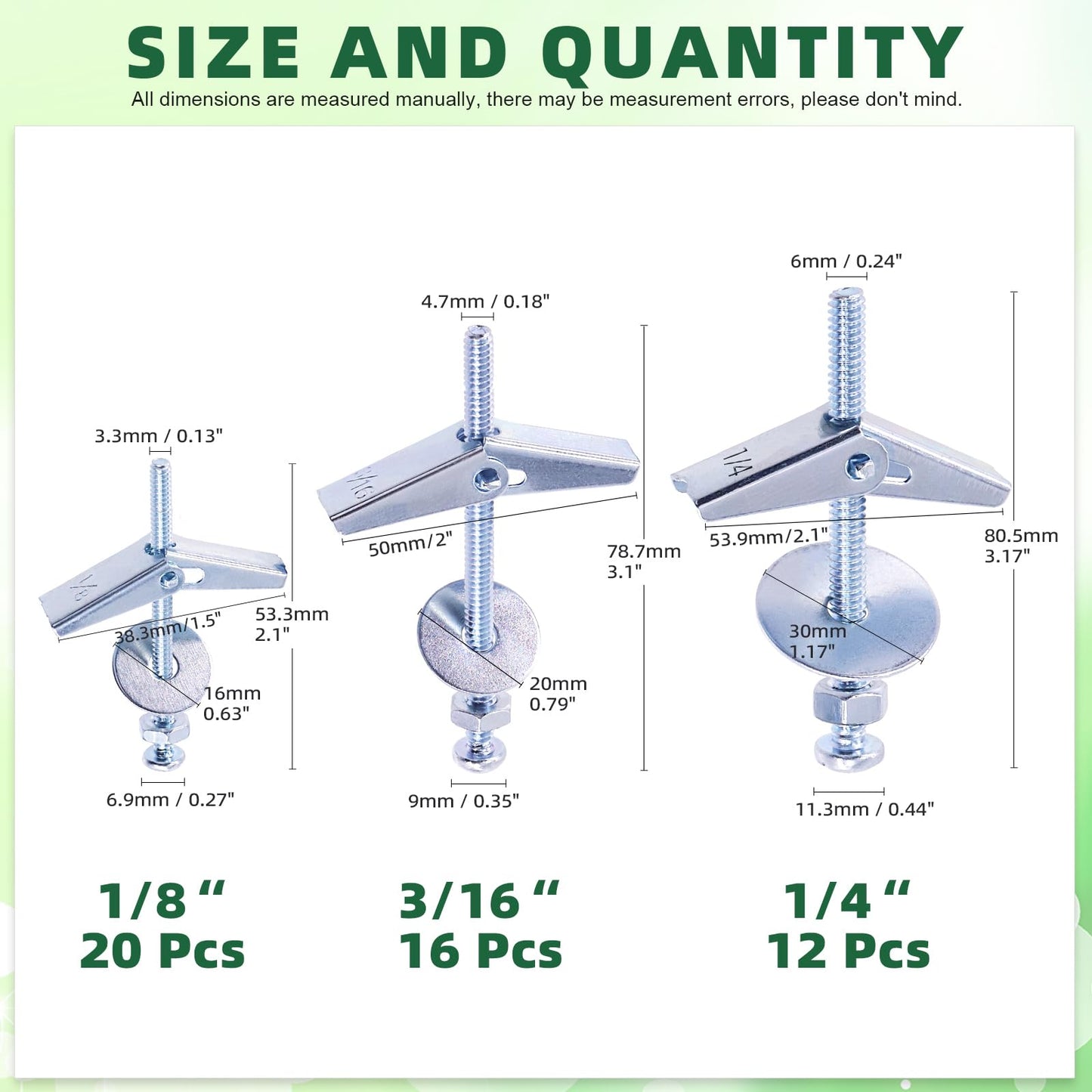 Keadic 48Pcs 3 Sizes Toggle Bolt Assortment Set 1/8'', 3/16'', 1/4'' Toggle Anchors with Wing Nut and Hex Nuts, Washers, Hollow Drywall Anchors Screw Kit for Frames Shelves Hanging Heavy Items