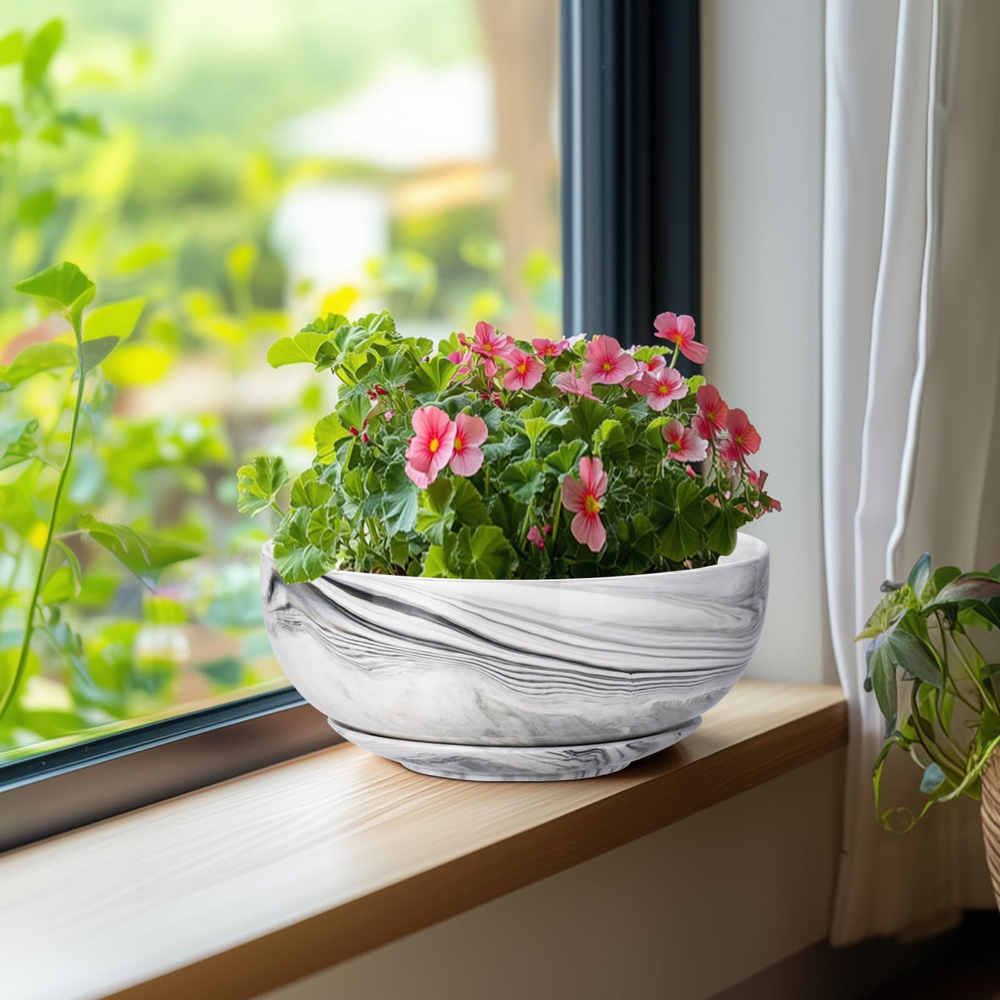 8in Marble Large Round Succulent Planter Pot Modern Flower Pot Indoor and Outdoor Planter with Marble Tray