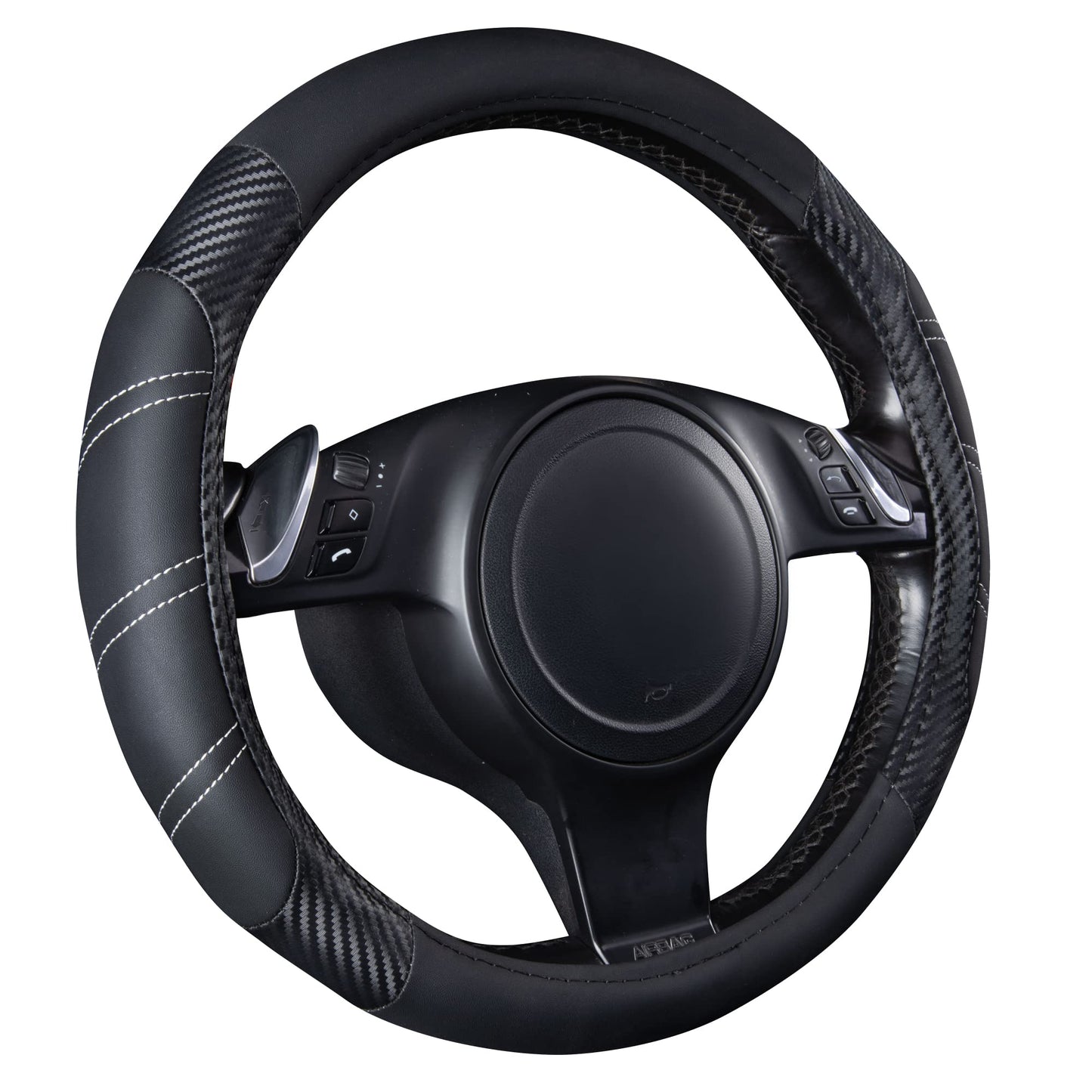 CAR PASS Line Rider Microfiber Leather Sporty 14.5-15 inch Steering Wheel Cover Universal Fits for 95% Truck,SUV,Cars, Anti-Slip Safety Comfortable Design (Black Carbon Fiber)