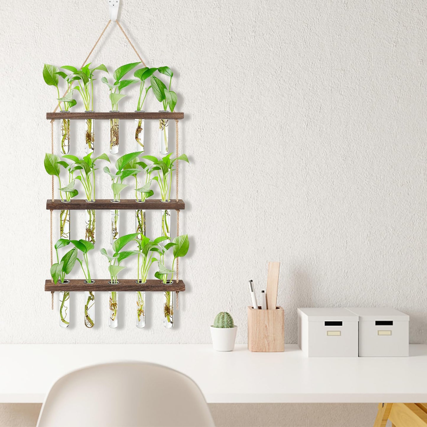 3 Tier Hanging Propagation Station, Wall Hanging Planter Terrarium with Wooden Stand&16 Glass Test Tubes, for Hydroponic Cuttings, Home Office Decor (3Tier&16Tubes)