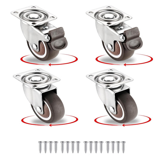 1.5 Inch Caster Wheels for Furniture, Silent Bearing Swivel Plate Casters Set of 4 Heavy Duty Load 150 Lbs, No Noise Rubber Caster Wheels for Small Furniture (2 with Brakes & 2 Without)