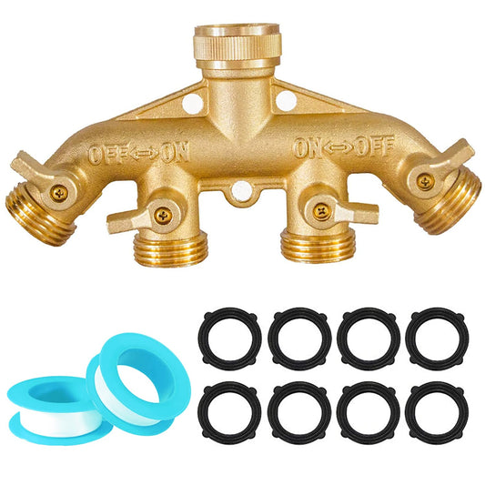 4 Way Garden Hose Splitter 3/4" GHT Solid Brass Hose Connector Heavy Duty Hose Spigot Adapter for Gardens/Home Life/Household Use with 4 Valves 8 Gaskets +2 Seal Tapes