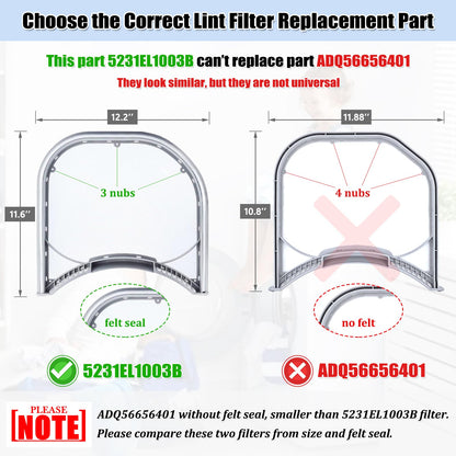 5231EL1003B Dryer Lint Filter with Felt Seal, 5231EL1003E Dryer Lint Screen Trap Filter Replacement Parts 5231EL1002E, 5231EL1003A, AP4440606, PS3527578