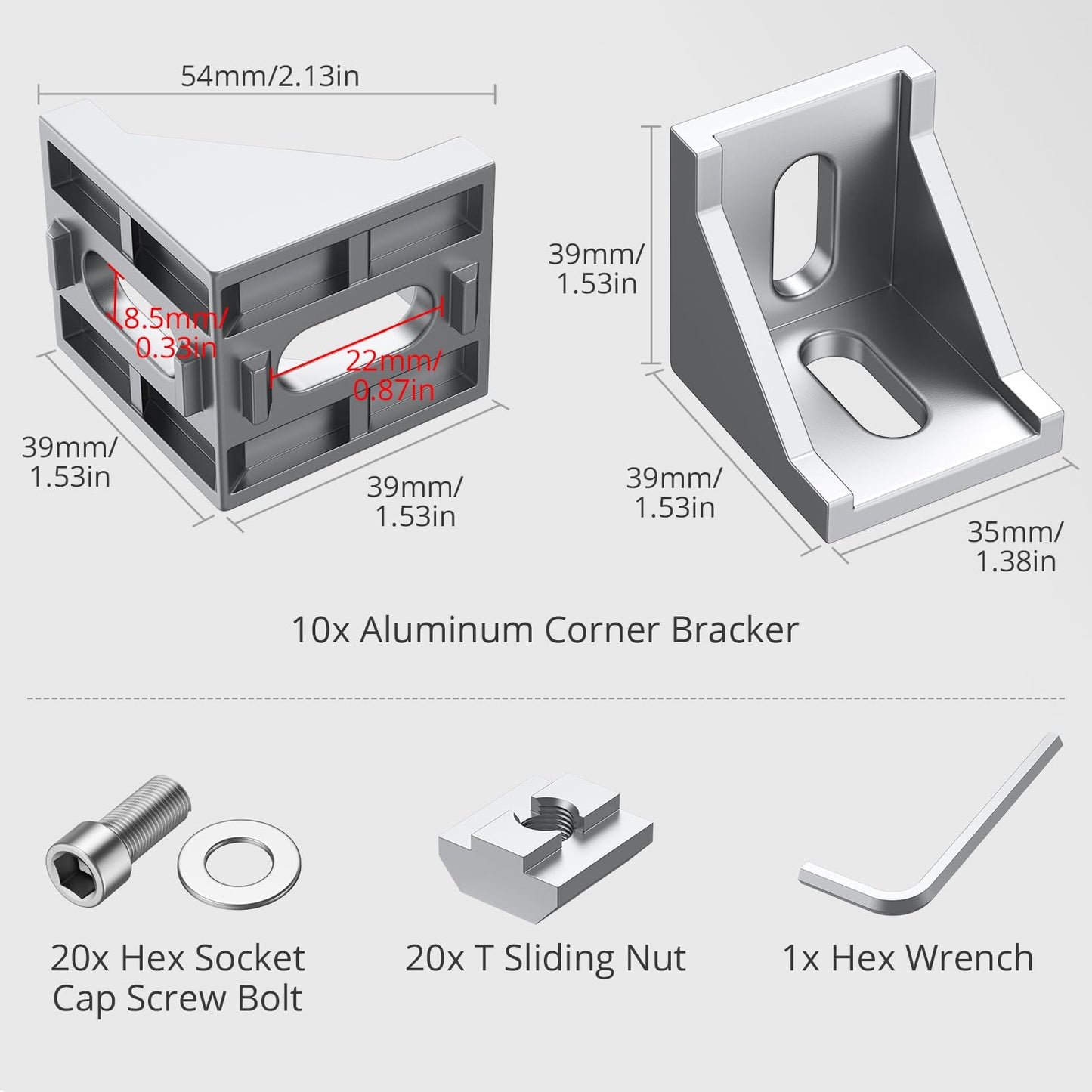 Justech 10PCS 4040 4080 Aluminum Extrusion Profile Connector, Corner Mounting Bracket L Shape Right Angle Joint Brace Inside Corner Bracket Slot 8mm with 40 PCS T Nuts and Hex Screw Bolts-Silver