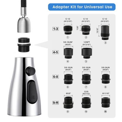 Universal Kitchen Faucet Replacement Pull-Down Sprayer - 3 Spray Modes, Easy Installation with 11 Adapters, Leak-Proof Design, Compatible with Moen, Kohler, Delta & Sink Faucets (Chrome Silver)