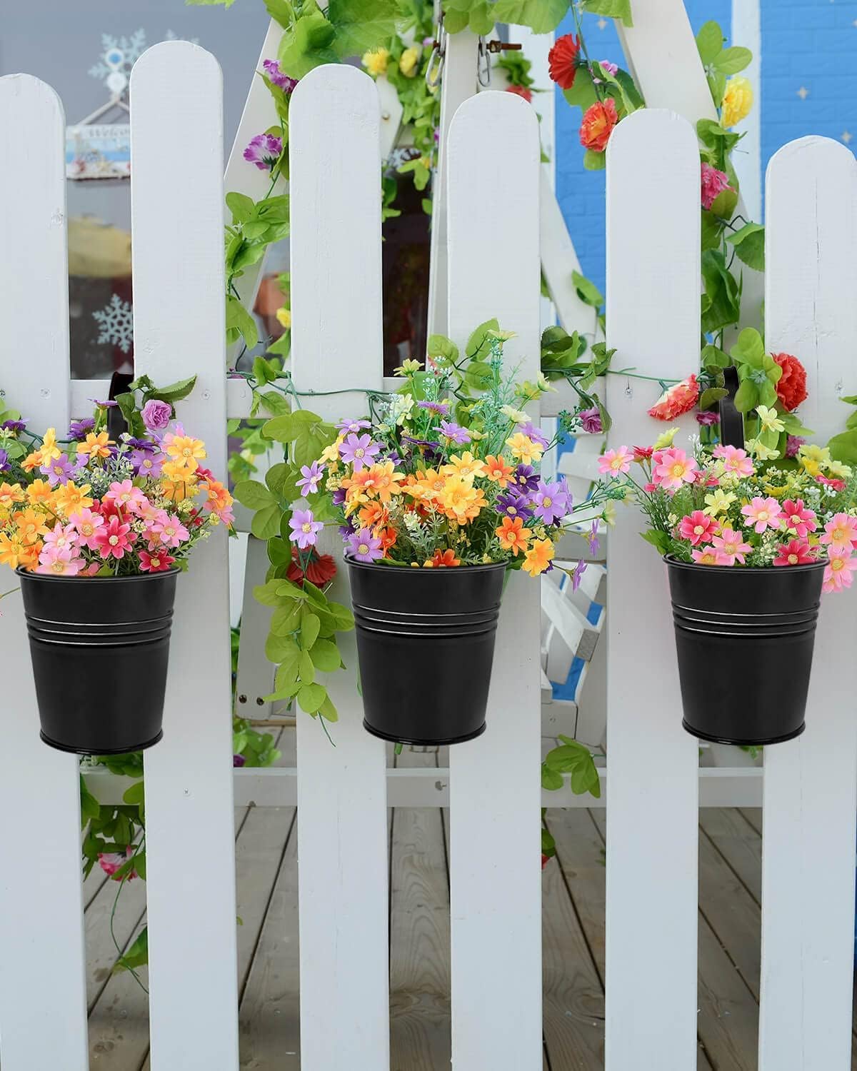 10 CM Small Metal Hanging Flower Pot Indoor - 12 Pcs Round Metal Iron Buckets with Detachable Hooks and Drainage Holes Hanging Herb Planter for Railing Fence Outdoor Balcony Garden Patio Decor, Black