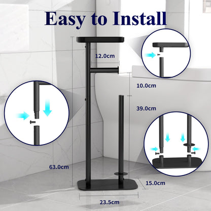 Kitsure Toilet Paper Roll Holder Free Standing – Rustproof Metal Toilet Paper Stand for 4 Rolls with Anti-Slip Base and Shelf for Phone & Small Items, Black, 63.0 x 23.5 x 15.0 cm