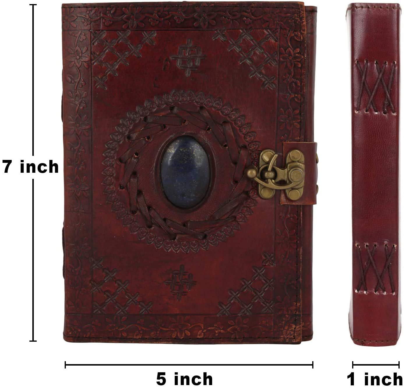 Tuzech Leather Journal Large Writing Notebook - Handmade Leather Bound Vintage Journal For Women and Men with Lock And Semi-Precious Stone Gift For Art Sketchbook, Travel Diary And Notebooks To Write In 7 by 5 Inches (Brown)