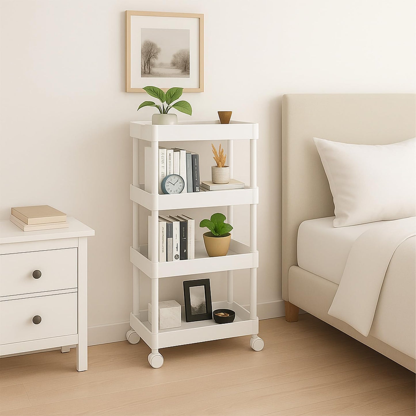 ShellKingdom 4 Tier Bathroom Storage Organizer, Slim Rolling Storage Cart for Narrow Space, Mobile Shelving Unit with Lockable Wheels and Hooks for Bathroom, Kitchen, Laundry Movable Shelf (White)