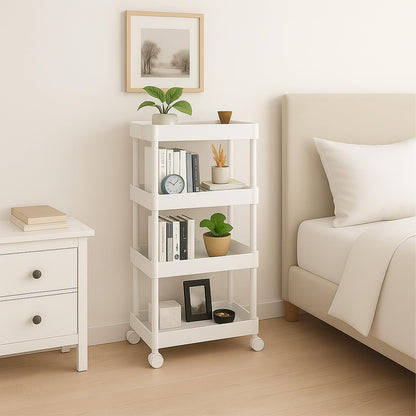 ShellKingdom 4 Tier Bathroom Storage Organizer, Slim Rolling Storage Cart for Narrow Space, Mobile Shelving Unit with Lockable Wheels and Hooks for Bathroom, Kitchen, Laundry Movable Shelf (White)