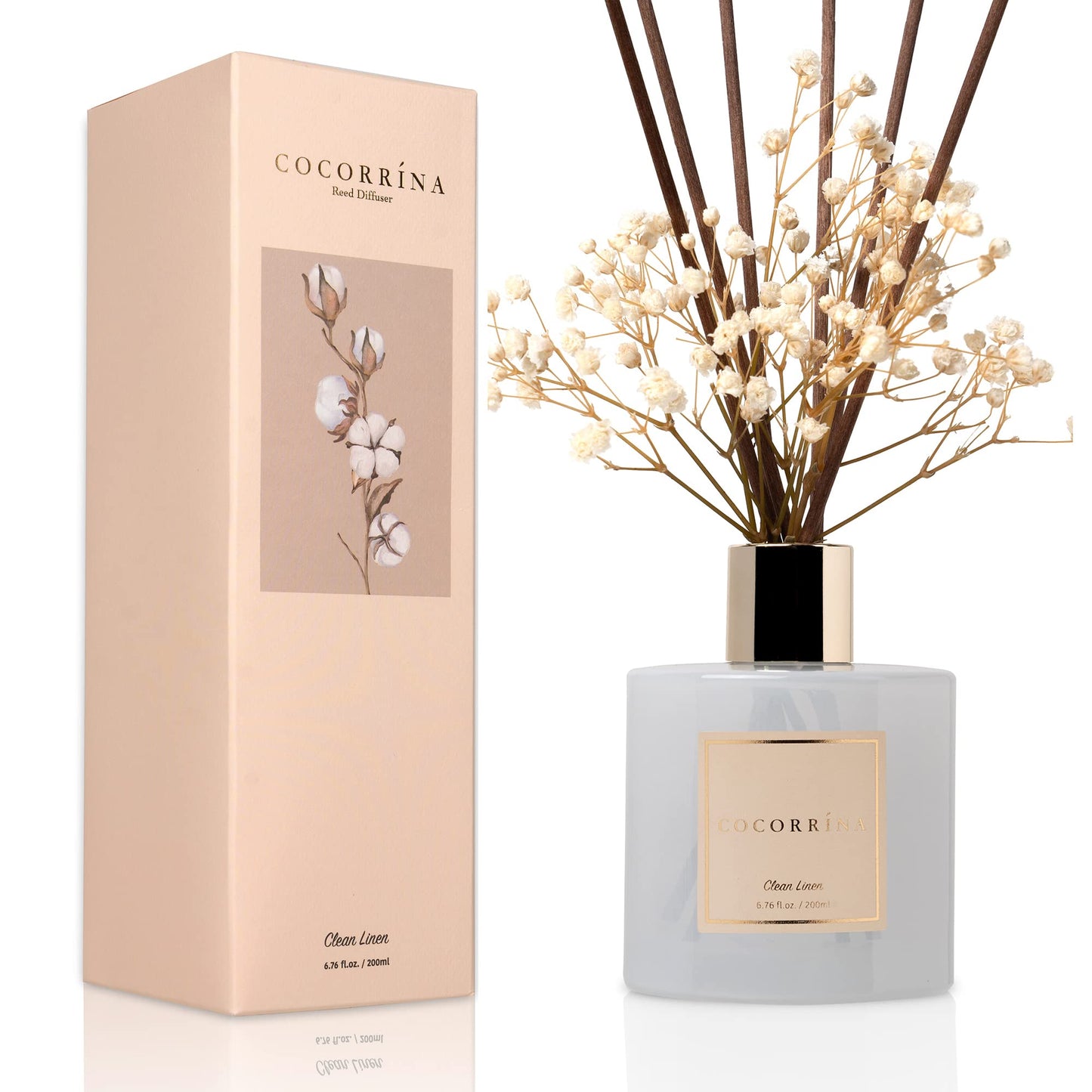 Cocorrína Reed Diffuser Set, 6.7 oz Clean Linen Scented Diffuser with Sticks Home Fragrance Essential Oil Reed Diffuser for Bathroom Shelf Decor Home Decor