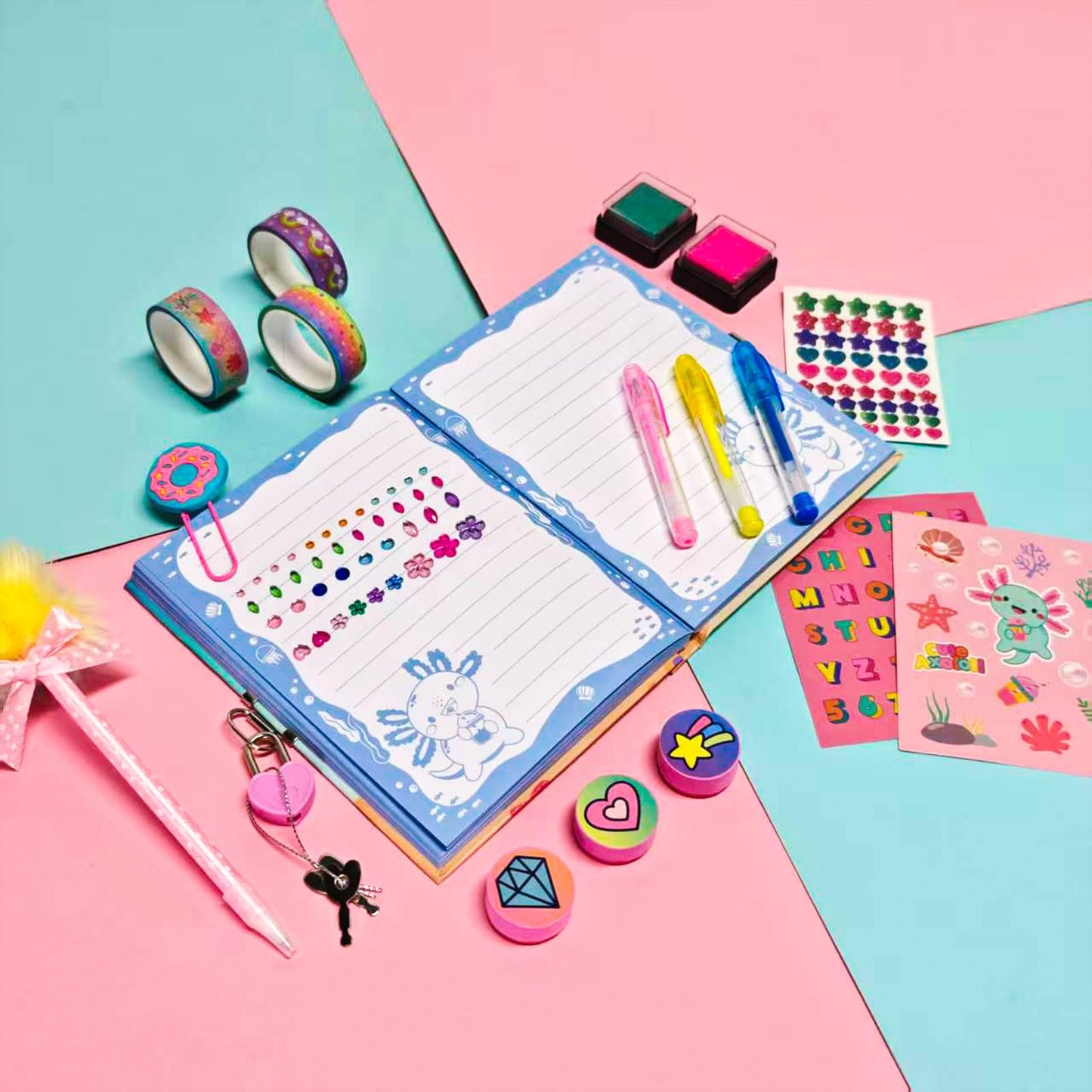 Axolotl Diary for Girls with Lock, Axolotl Stationery Set with Secret Diary, Stamps, Pens, Axolotl Journal Notebook Birthday Gifts for Little Girls Age 5 6 7 8 9 10-12