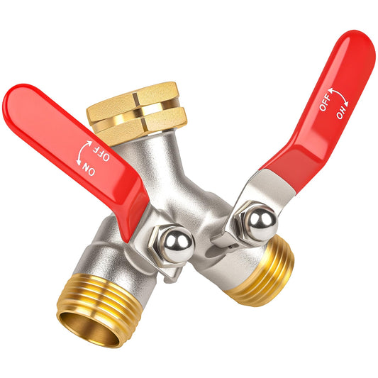 DINGBAI Hose Splitter 2 Way, High Flow Garden Hose Splitters, 3/4” GHT Inlet Brass Heavy Duty Hose Converter, Full Flow Water 2 Way Faucet Hose Splitter, Long Handle Hose Valve Large Outlet.