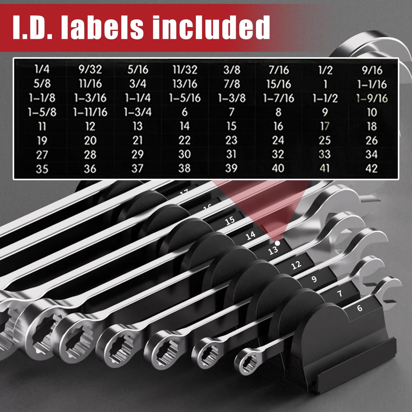 48PCS Magnetic Wrench Organizer for Tool Drawer,Wrench Holder with Metric&SAE Label,Modular Tool Storage Rack for Screwdriver and Ratchet，Strong Magnetic Base,gift for Mechanics Men（Black with magnet）