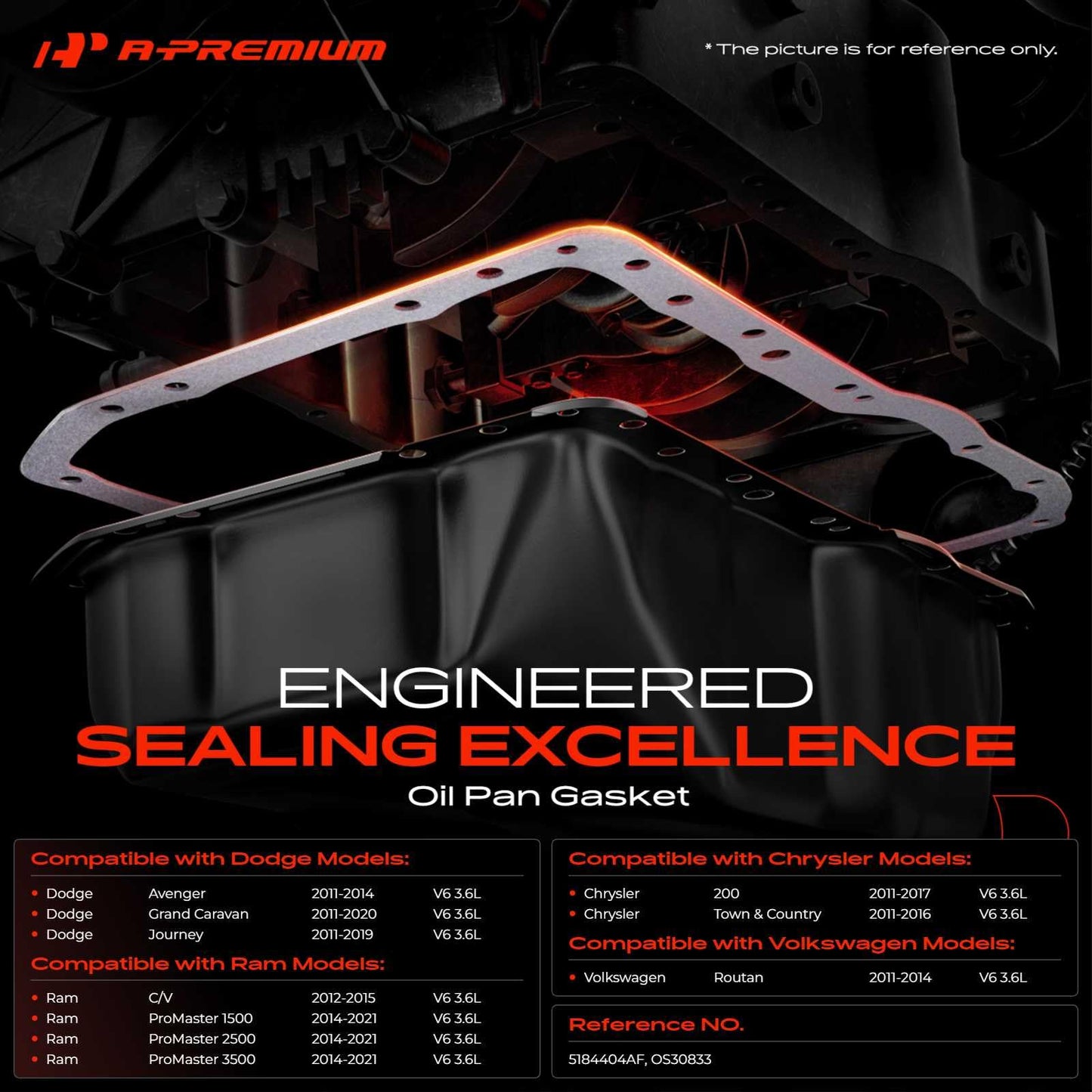 A-Premium Lower V6 3.6L Engine Oil Pan Gasket Set, Compatible with Dodge Grand Caravan, Journey, Avenger & Chrysler Town & Country, 200 & Ram C/V, ProMaster 1500 2500 3500 & Volkswagen Routan