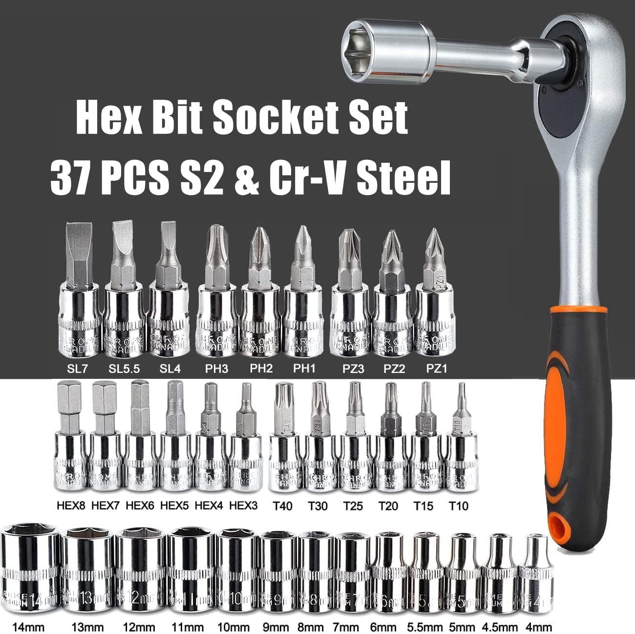 YWHWLX 46 Pieces 1/4 in. Drive Ratchet Socket Wrench Set with Storage Case, Includes Metric Bit Sockets and Extension Bar for Car Repair and Home Maintenance