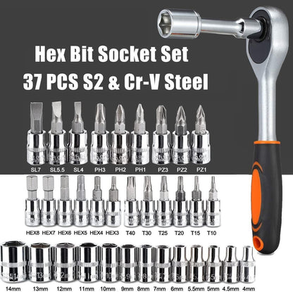 YWHWLX 46 Pieces 1/4 in. Drive Ratchet Socket Wrench Set with Storage Case, Includes Metric Bit Sockets and Extension Bar for Car Repair and Home Maintenance