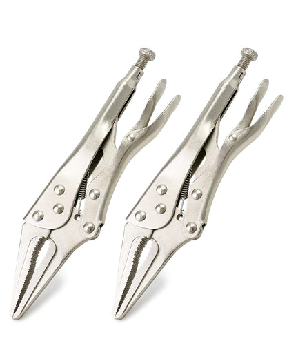 QWORK 2 Pack Original Locking Pliers Long Nose, 9" Long Nose Pliers, Curved Jaw Pliers, 2-3/4" Maximum Opening Locking Pliers Set