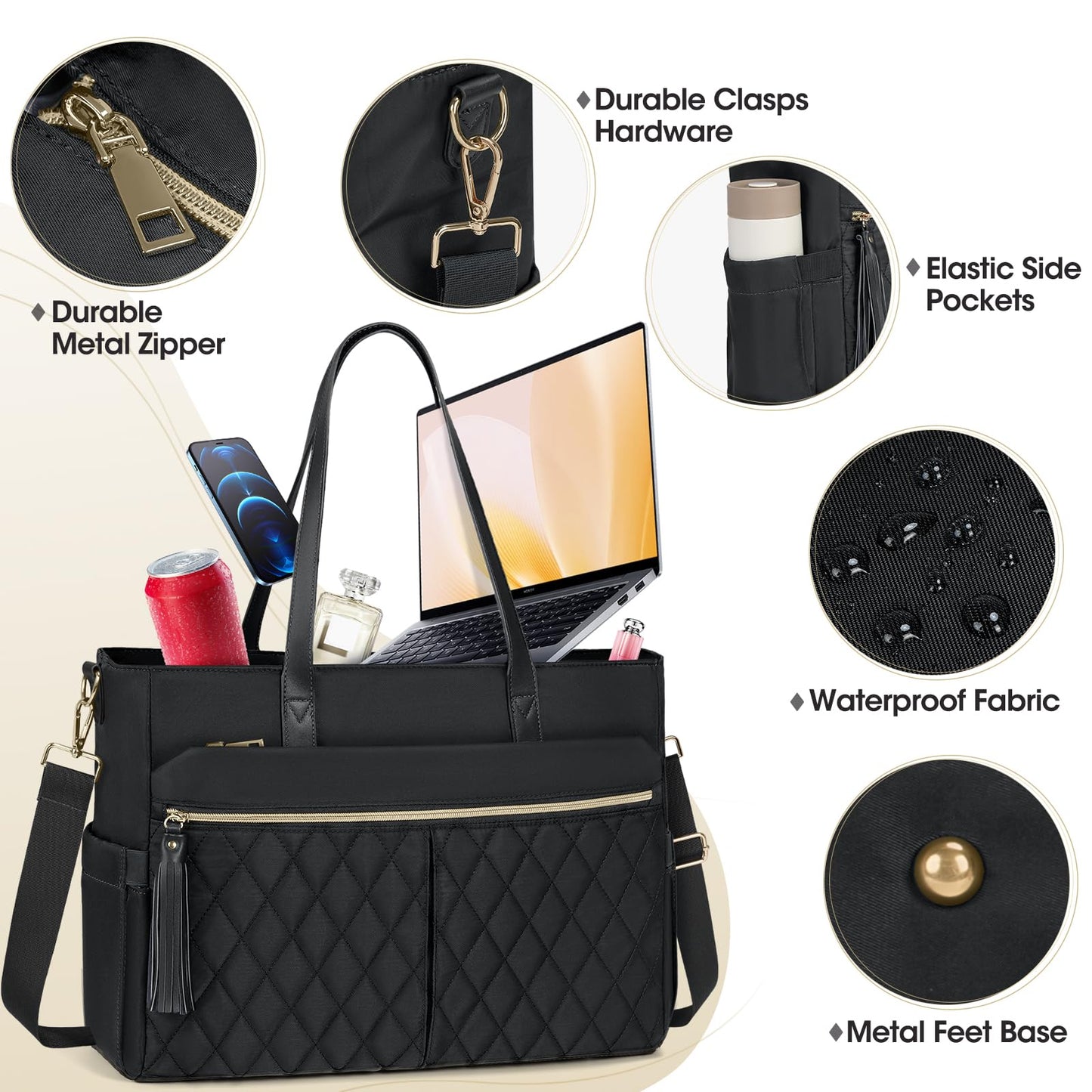 RAINSMORE Laptop Bag For Women 15.6 Inch Work Teacher Tote Bag Waterproof Nurse Bag Large Handbag Shoulder Travel Computer Messenger Bag Briefcase,Black