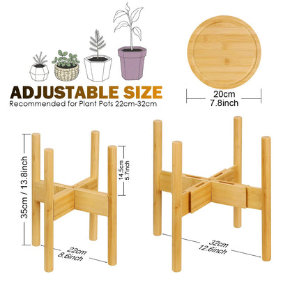 Plant Stand with Tray, Mid-Century Modern Flower Pot Holder, Adjustable Plant Stand for Multiple Pots, Indoor Space Saving Vertical Plant Shelf, Fits Pots Size of 20-30 CM (Plant Pot NOT Included)
