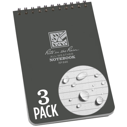 Rite in The Rain Weatherproof Top-Spiral Notebook, 4" x 6", Gray Cover, Universal Pattern, 3 Pack (No. 846-3)