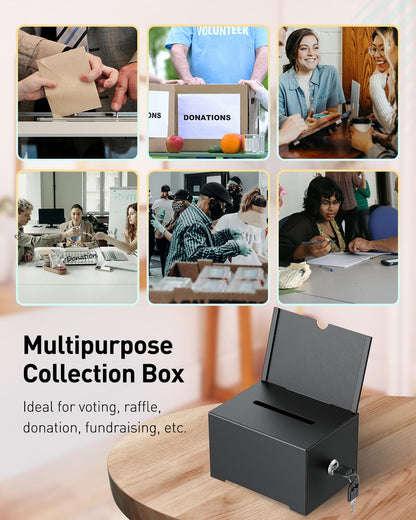 Uniclife Metal Donation Box for Fundraising, Suggestion Box with Slot and Lock, Black Ballot Boxes with Sign Holder, Storage Container for Voting Charity Tip Collection, 6.4" x 4.7" x 4"