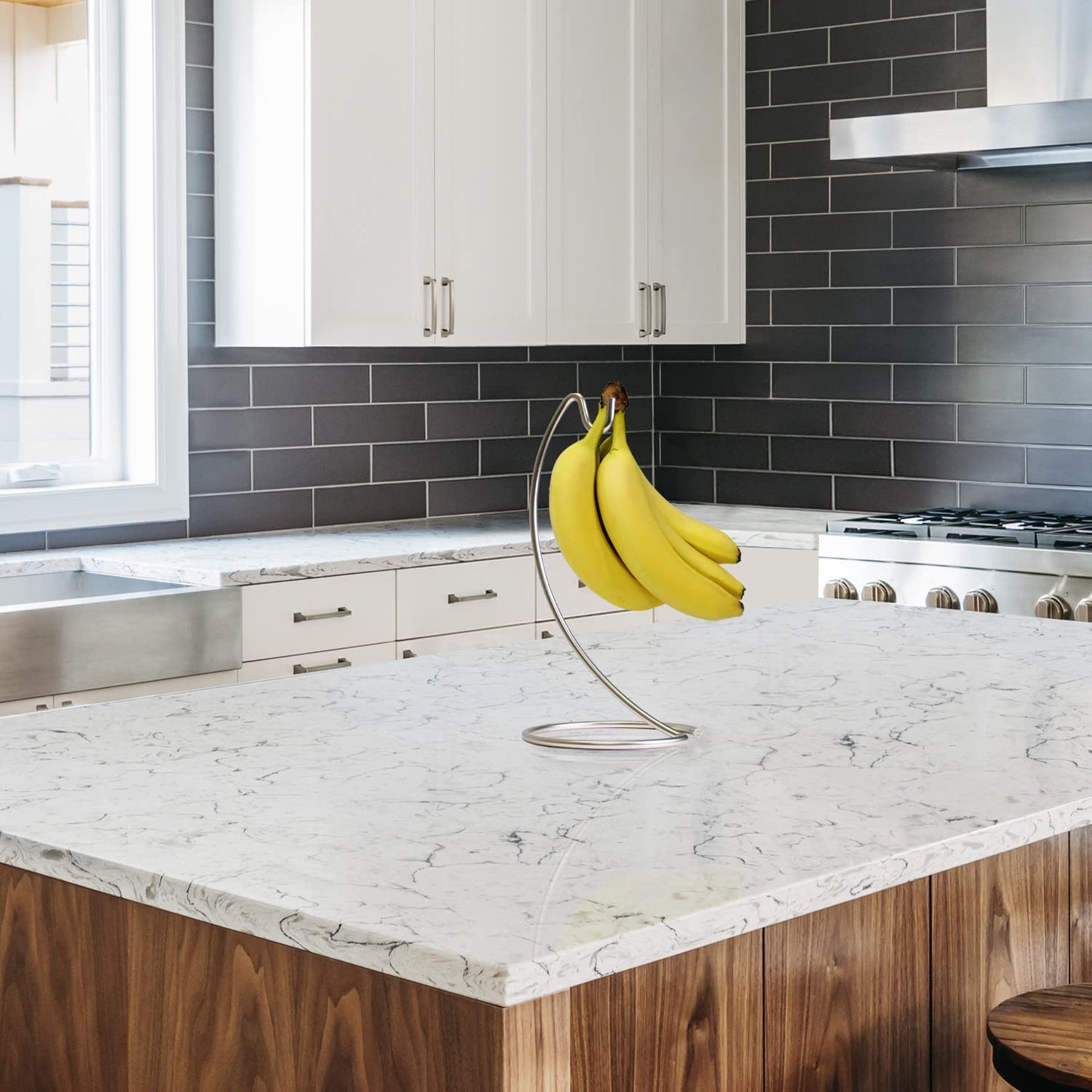 Blue Donuts Banana Hanger Modern Banana Holder Tree Stand Hook for Kitchen Countertop, Kitchen Accessories, Satin Nickel Banana Stand