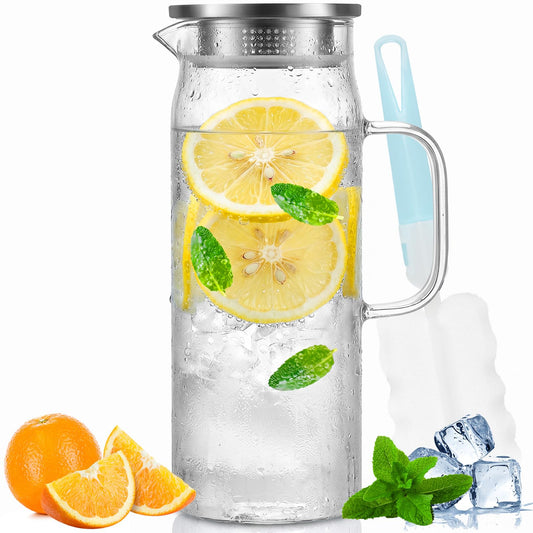Yirilan Glass Pitcher,1.5 L Water Pitcher with Lid,Juice Pitcher,Glass Water Jug,Water Carafe,Juice Jug